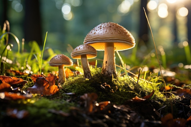 Les champignons poussent dans la forêt d'automne la cueillette des champignons le fond de la nature avec la lumière du soleil