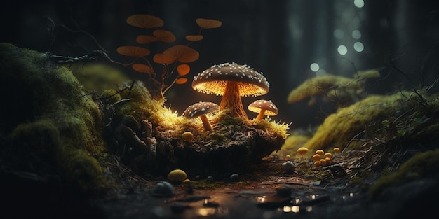 Les champignons poussent sur le sol en ai générative sombre