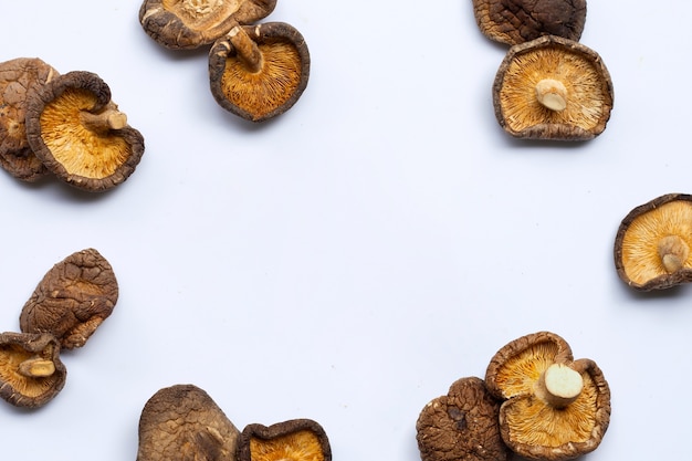 Champignons shiitake séchés sur fond blanc.