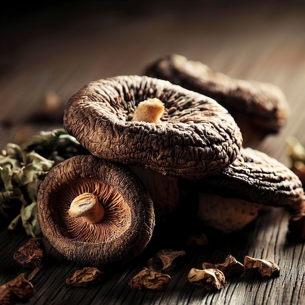 Les champignons shiitake séchés sur une vieille table en bois