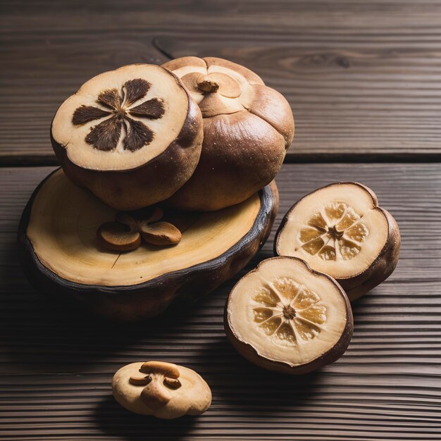 Les champignons shiitake séchés sur une vieille table en bois