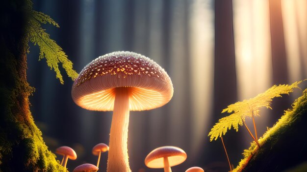 Les champignons sombres brillent à la lumière du soleil.