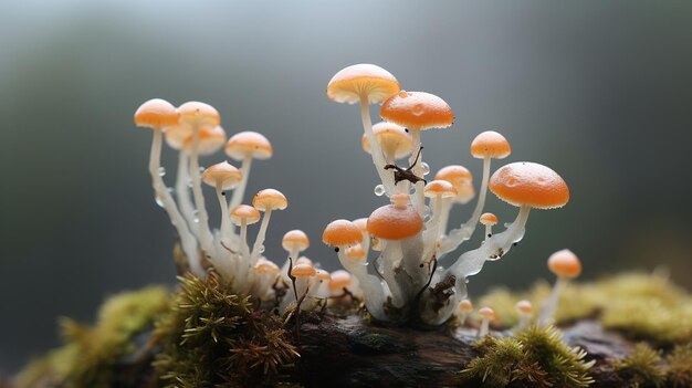 Champignons sur une souche d'arbre, avec un fond vert