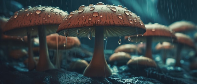 Champignons Sous La Pluie Avec Des Gouttes De Pluie Dessus