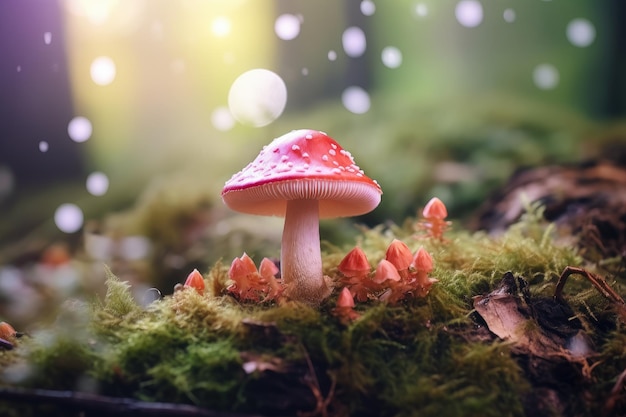 Des champignons tachetés rouges enchanteurs émergeant de l'IA générative du sol de la forêt de mousse