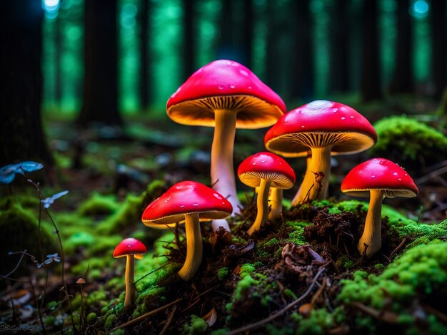 champignons tirés de près dans l'herbe de la forêt à l'automne