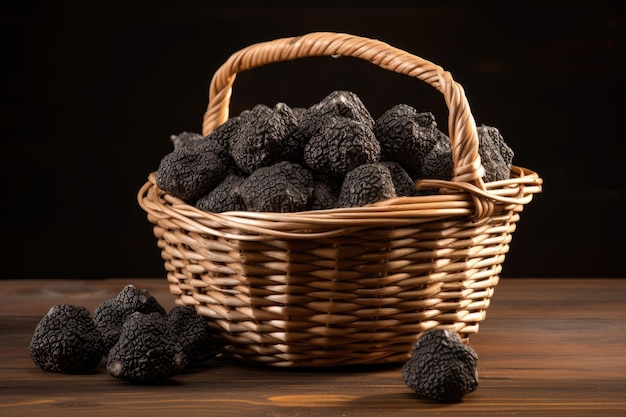 Champignons truffes noires dans le panier sur la table