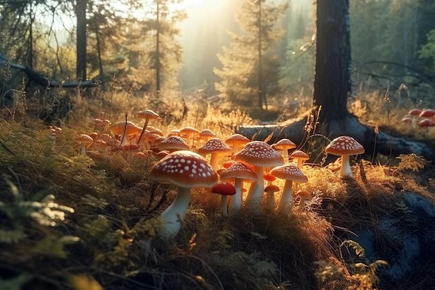 Champignons vénéneux non comestibles agaric de mouche dans la forêt le jour d'été ensoleillé Illustration de l'IA générative