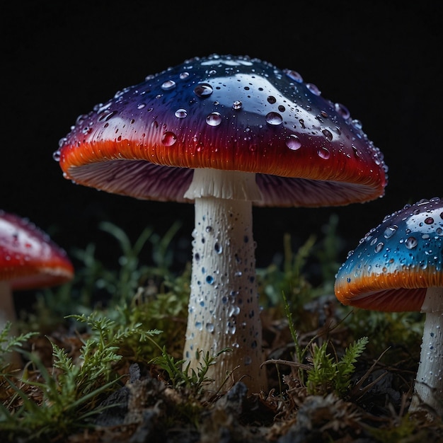 Des champignons vibrants avec des gouttes de rosée dans la forêt d'automne