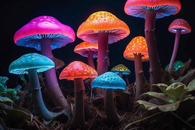 Les champignons vus avec des lumières intenses et colorées