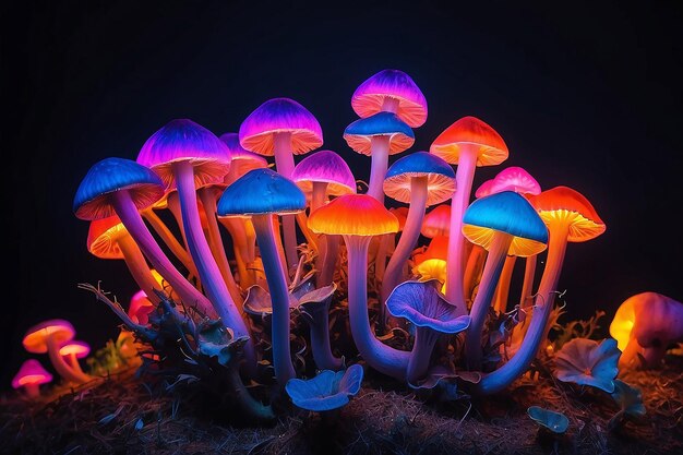 Les champignons vus avec des lumières intenses et colorées