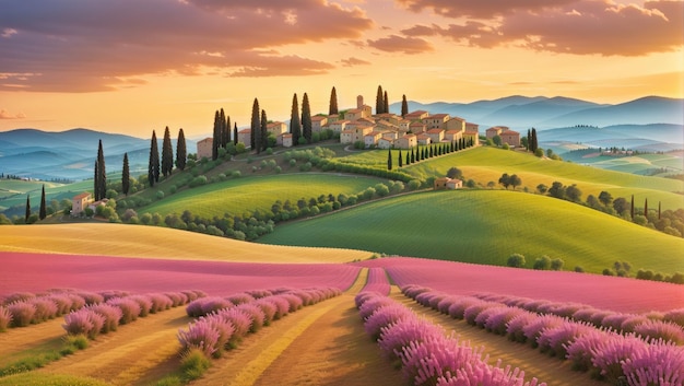 Champs de beauté panoramiques du printemps toscan et collines au coucher du soleil