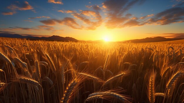 les champs de blé doré brillent au coucher du soleil