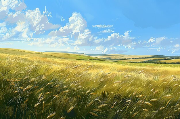 Des champs de blé roulant sous un ciel ensoleillé avec des nuages moelleux