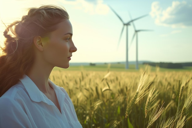 Photo les champs du changement la femme agricultrice et l'énergie éolienne