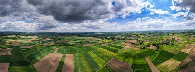 Champs de ferme colorés en Pologne au panorama de drones aériens de printemps