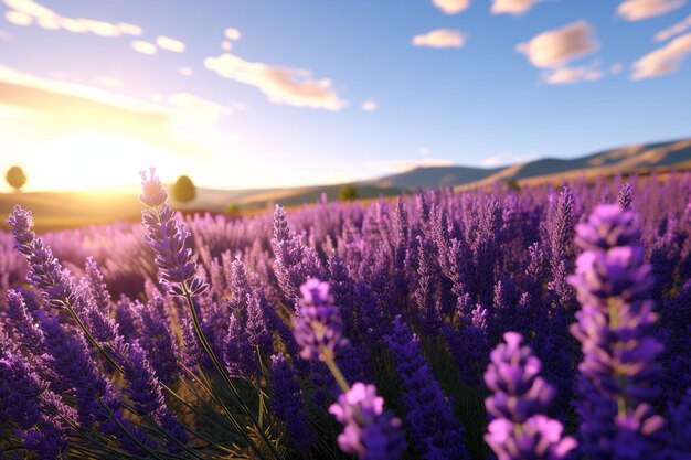 Photo des champs de lavande éclairés par le soleil en pleine floraison créent une ai générative