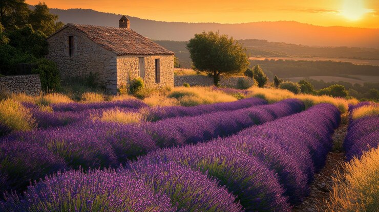 Photo des champs de lavande fleurissent au coucher du soleil près d'une maison de pierre rustique en provence, en france, en été.