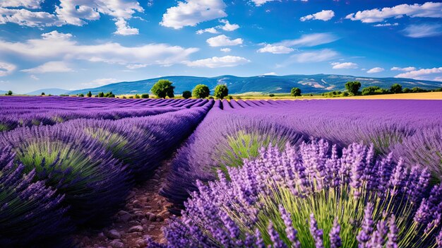 Champs de lavande vibrants Soleil de Provence Vue pittoresque murmures de sérénité étreinte chaleureuse Généré par l'IA