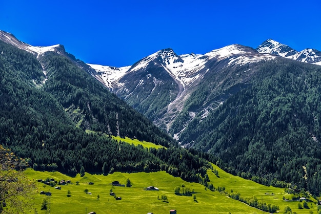 Champs avec maisons dans les montagnes des Alpes suisses Moerel Filet Oestlich Raron Suisse