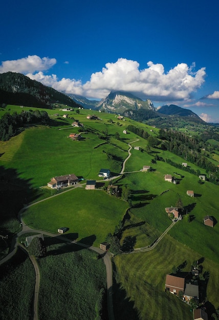 Champs de prairie suisse avec maisons et montagnes par temps nuageux