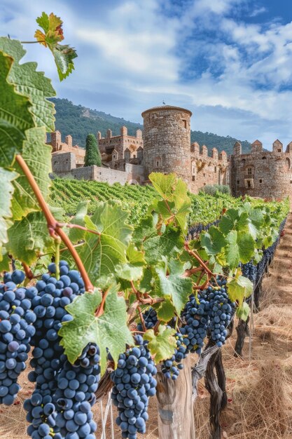 des champs de raisins sur la toile de fond d'un château médiéval IA générative