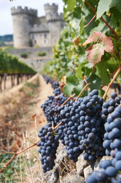 des champs de raisins sur la toile de fond d'un château médiéval IA générative