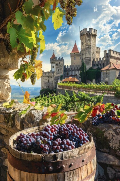 des champs de raisins sur la toile de fond d'un château médiéval IA générative