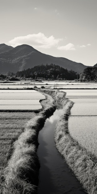 Photo les champs de riz noir et blanc une photo captivante de la nature