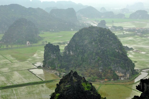 Des champs de riz et des rochers calcaires du point de vue du temple de Hang Mua Tam Coc Ninh Binh Vietnam