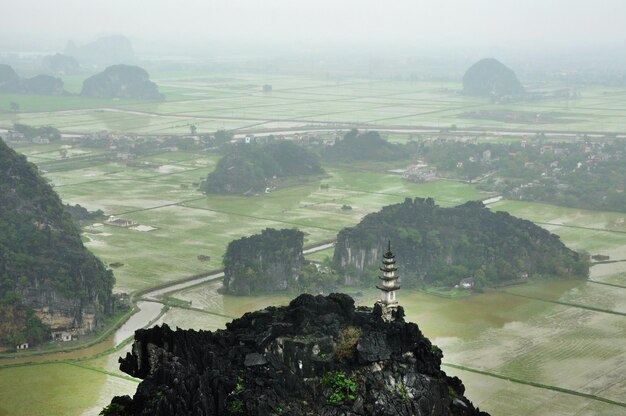 Des champs de riz, des rochers calcaires et une pagode au sommet d'une montagne un jour de pluie Ninh Binh Vietnam