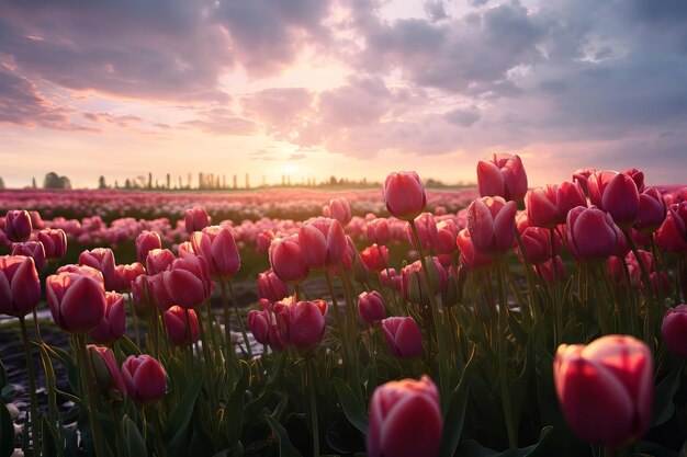 Des champs de tulipes tulipes jaunes rouges roses
