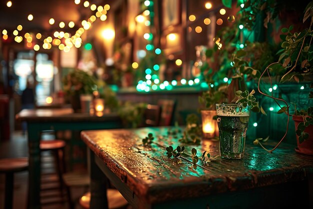 La chance du pub irlandais confortable avec des trèfles et des lumières vertes