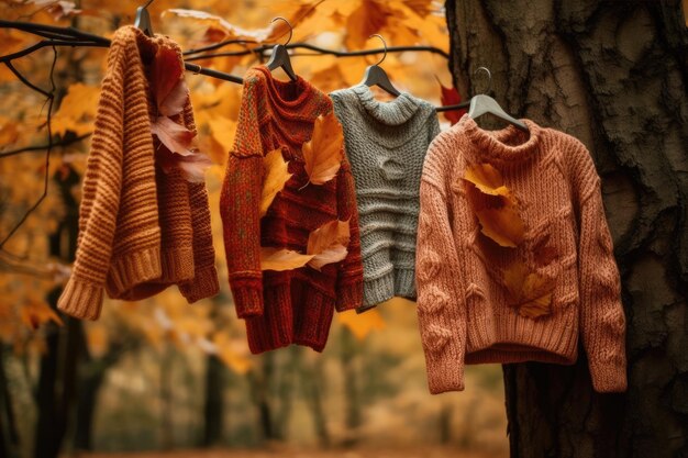 Photo chandails sur un arbre avec des feuilles dessus