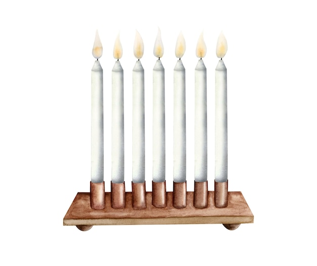 Chandelier en bronze aquarelle avec sept bougies allumées Menorah juive Dîner du seder de la Pâque