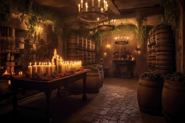 Une chandelle atmosphérique illuminant une cave à vin créée avec une IA générative