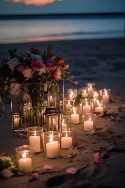 Une chandelle avec un bouquet de roses sur la plage