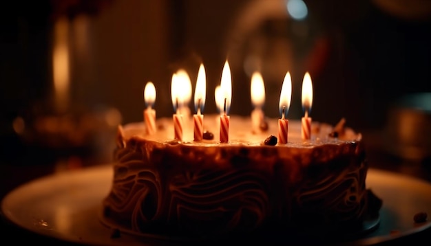 Une chandelle rougeoyante illumine une douce assiette à dessert d'anniversaire générée par l'IA