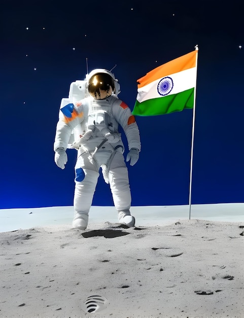 Chandrayaan 3 mission astronaute réussie avec drapeau indien sur la lune