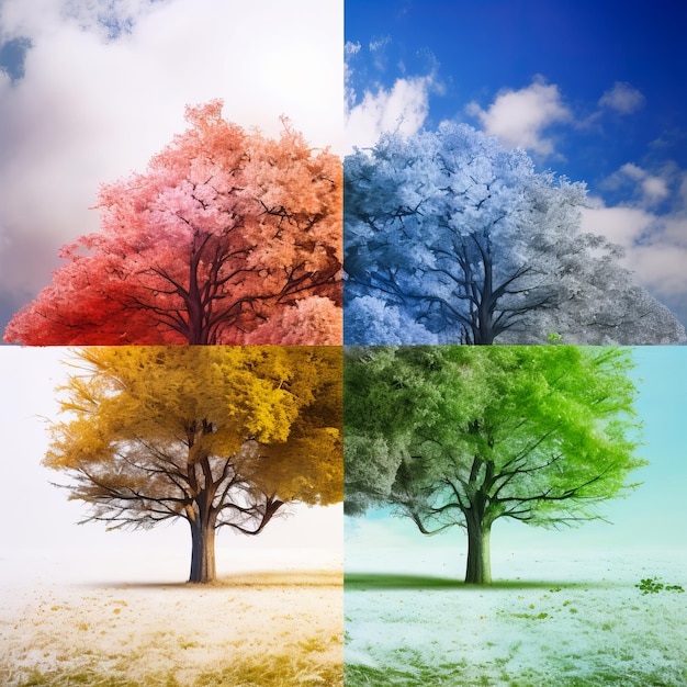 Photo changement des saisons sur l'exemple de l'arbre quatre carrés avec différentes couleurs de feuillage ia générative