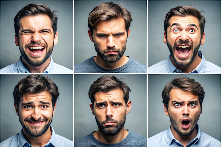 Photo des changements d'humeur représentés par diverses expressions faciales et gestes