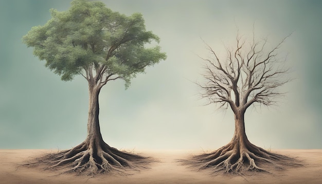 Changer la sécheresse des forêts d'arbres et le concept écologique rafraîchissant de la forêt, un arbre vivant et un arbre mort