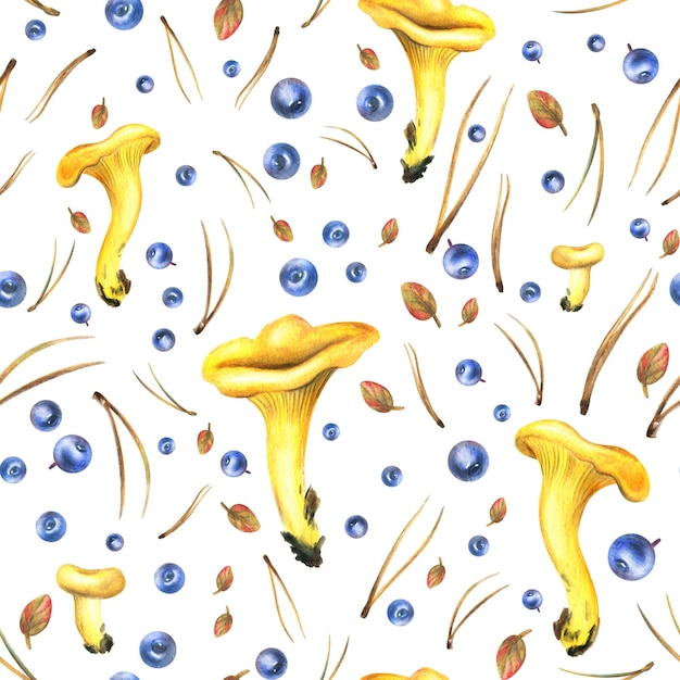 Les chanterelles comestibles de la forêt sont jaunes avec des feuilles d'automne de myrtilles et des aiguilles de pin Illustration aquarelle dessinée à la main Modèle sans couture sur fond blanc
