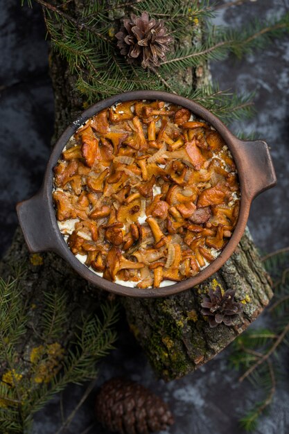 Chanterelles à la crème sure cuites dans un plat en céramique