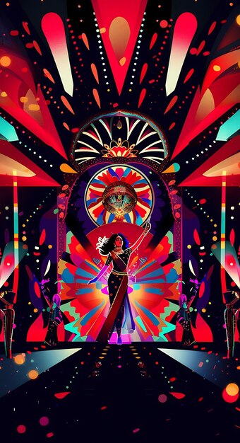 Photo chanteur de bollywood se produisant dans un ensemble coloré avec des danseurs une bannière design de carte postale collage art encre