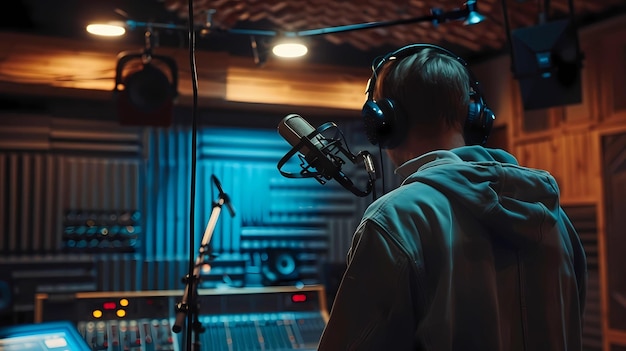 Chanteur avec des écouteurs et un microphone dans un studio d'enregistrement