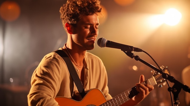 Photo chanteur avec une guitare sur scène