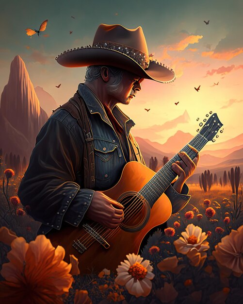 Chanteur et instruments éléments de musique country guitare cow-boy