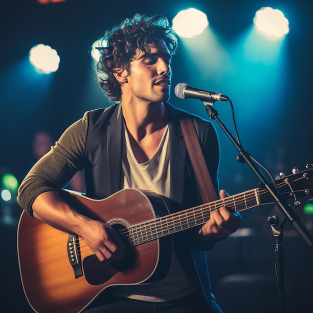 Photo le chanteur joue de la guitare acoustique et chante à un concert