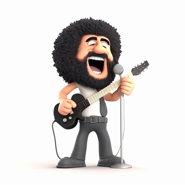 Chanteur de rock joyeux dessin animé mignon illustration 3D sur fond blanc avatar créatif